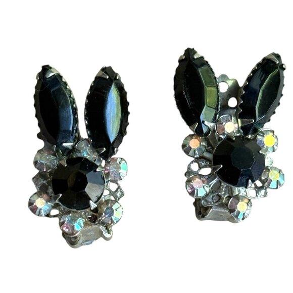 Black Crystal Bunny Clip-On Earrings With AB Crystal Aurora Borealis - Picture 5 of 5